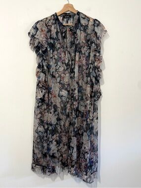 Kourt Floral Sheer Midi Dress Medium Tie Neck Ruffle Sleeve Romantic Boho